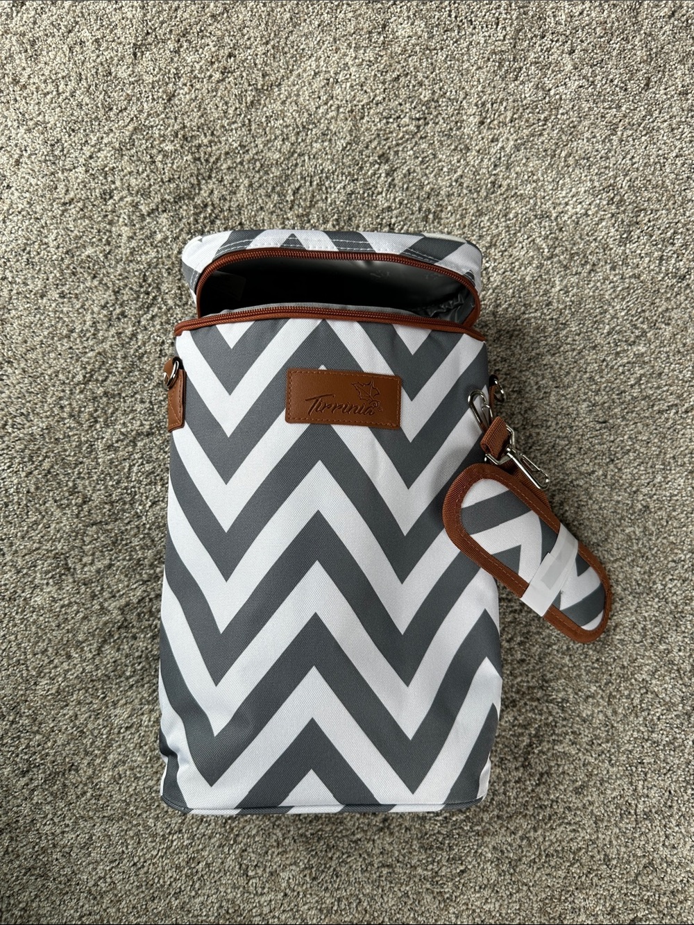Gray Chevron Wine Cooler Bag with Brown Trim